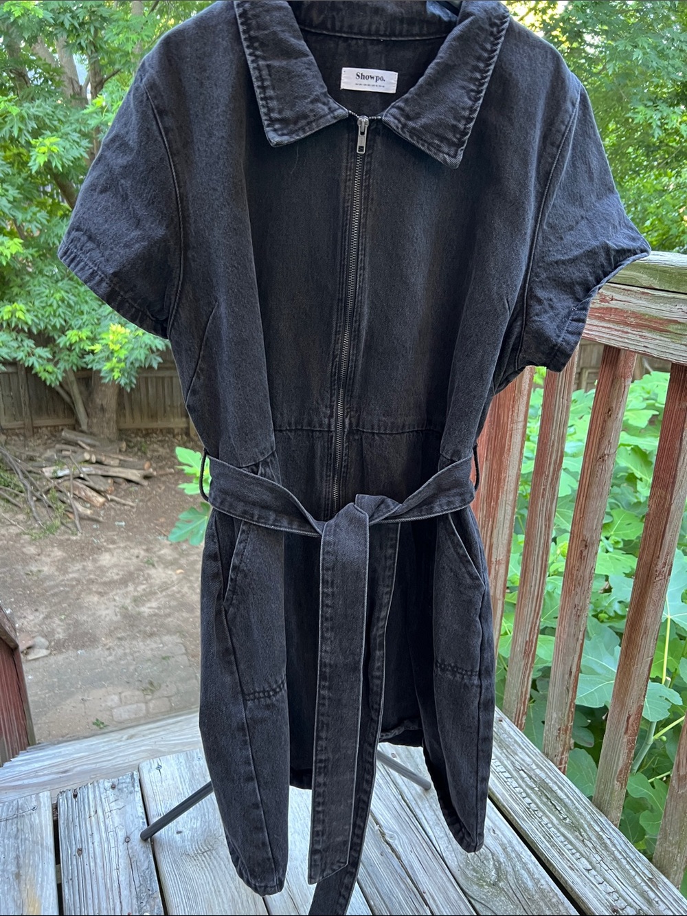Showpo Black Washed Denim Zip Up Dress with Tie Belt